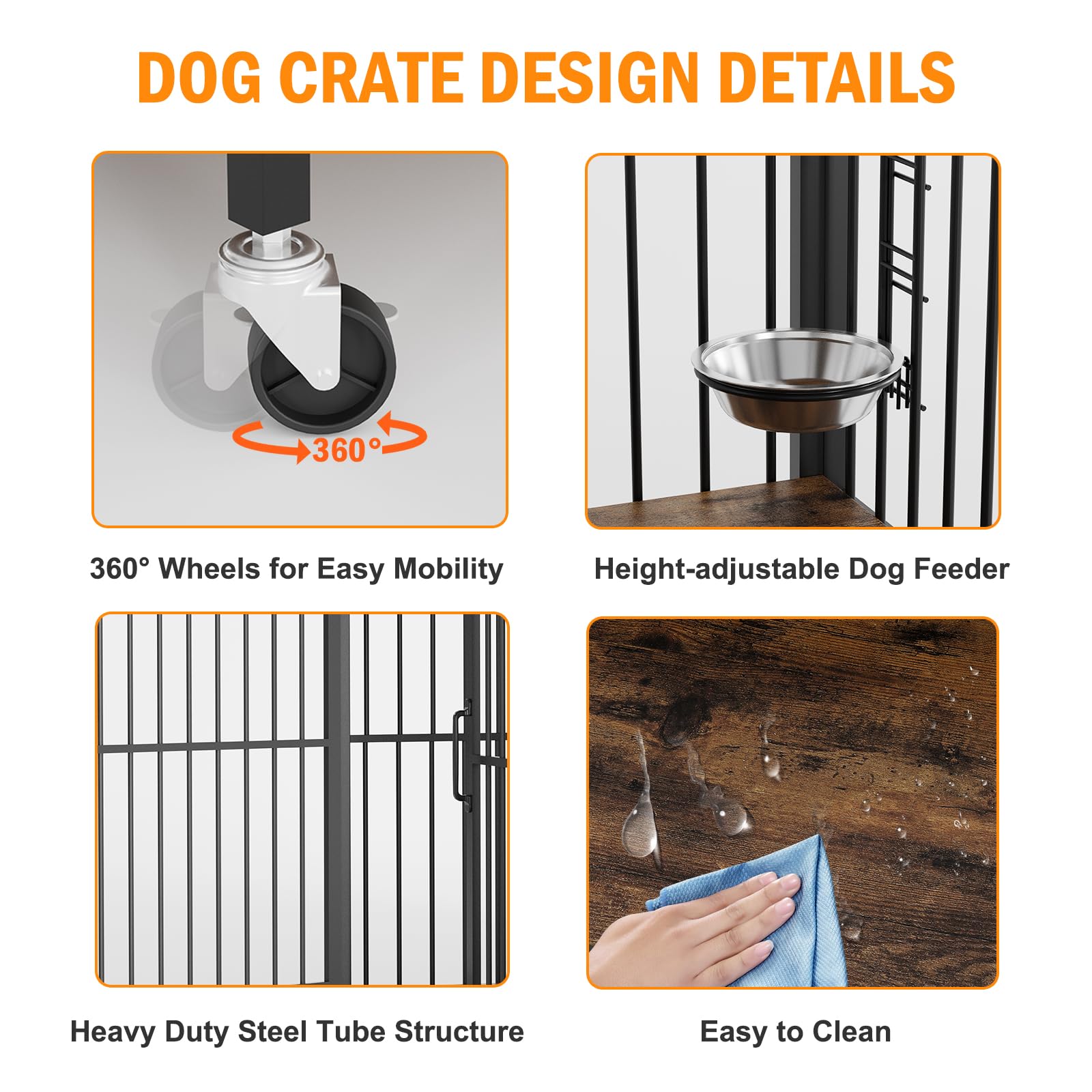 Garvee Heavy Duty Dog Crate Furniture, Wooden Dog Crate End Table with Adjustable Height & 360° Rotating Feeder, Dog Kennel Indoor, Small