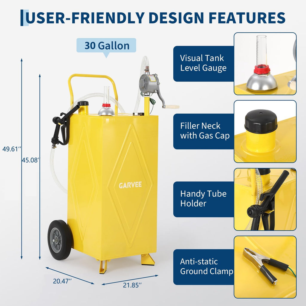 Garvee 30 Gallon Fuel Gas Caddy Storage Tank Portable Gas Caddy With Wheels Reversible Manual Hand Pump Fuel Hose For ATV Car Mower Tractor Boat