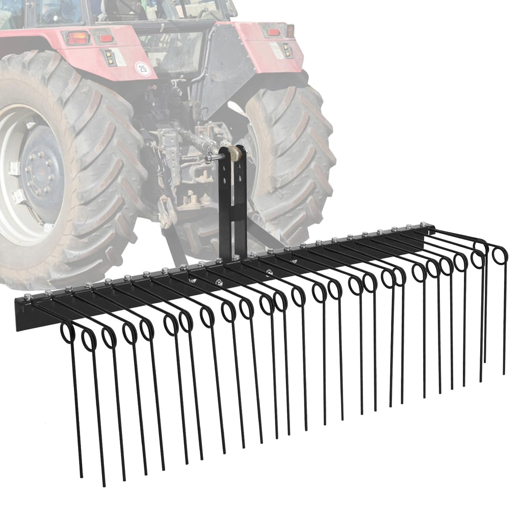 Garvee 60 Inch Pine Straw Rake, 6mm Rake Needle, 26 Coil Spring Tines Durable Powder Coated Steel Tow Behind Landscape Rake with 3 Point Hitch Receiver Attachment Fit to Cat0 Cat 1 Tractors for Leaves Grass, Black