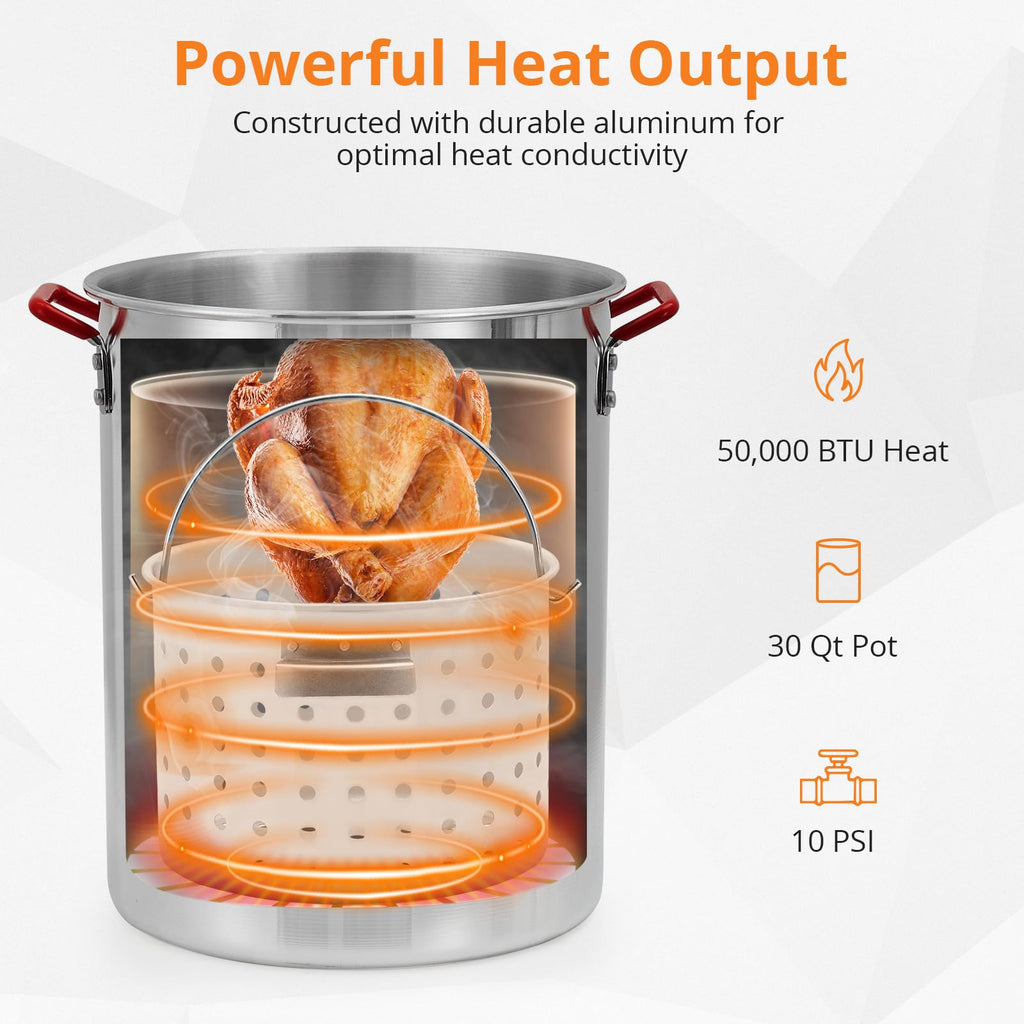 Garvee 30 Qt Turkey Deep Fryer & 10 Qt Fish Fryer Kit - Aluminum Crawfish Boiler Pot with 38,000 BTU Outdoor Propane Burner, Thermometer & Turkey Rack