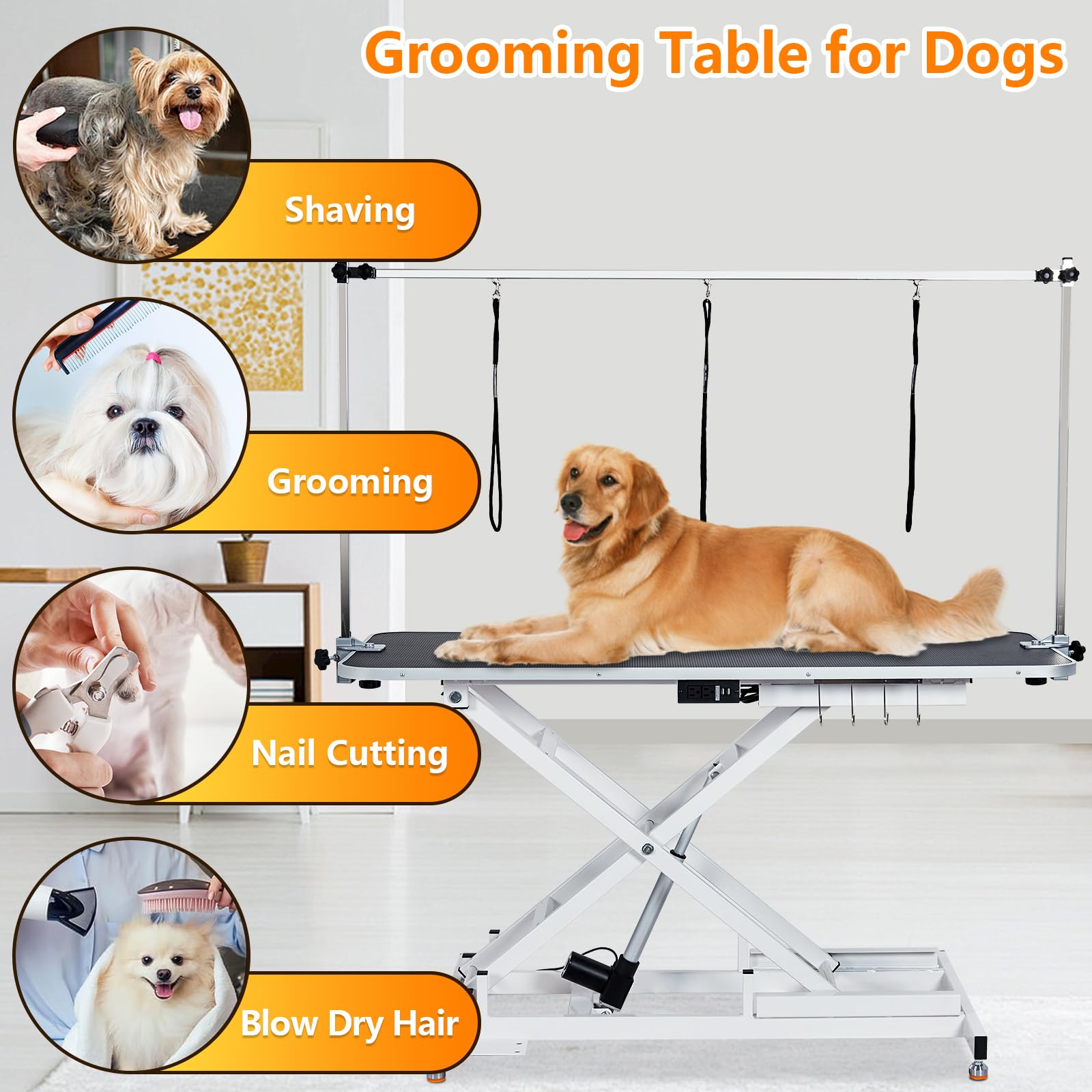 Garvee 48" Electric Dog Grooming Table, Stainless Steel, Non-slip Surface, Remote Lifting, Pet Grooming Table with Adjustable Overhead Arm & Noose for Home Use, White