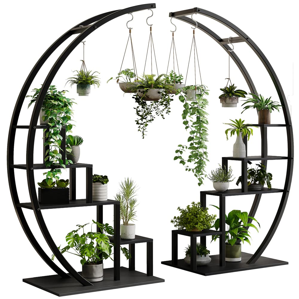 Garvee 5-Tier Curved Metal Plant Stand with 6 Hooks, Elegant Black Balcony & Indoor Flower Pot Display Rack for Plants & Garden Decor