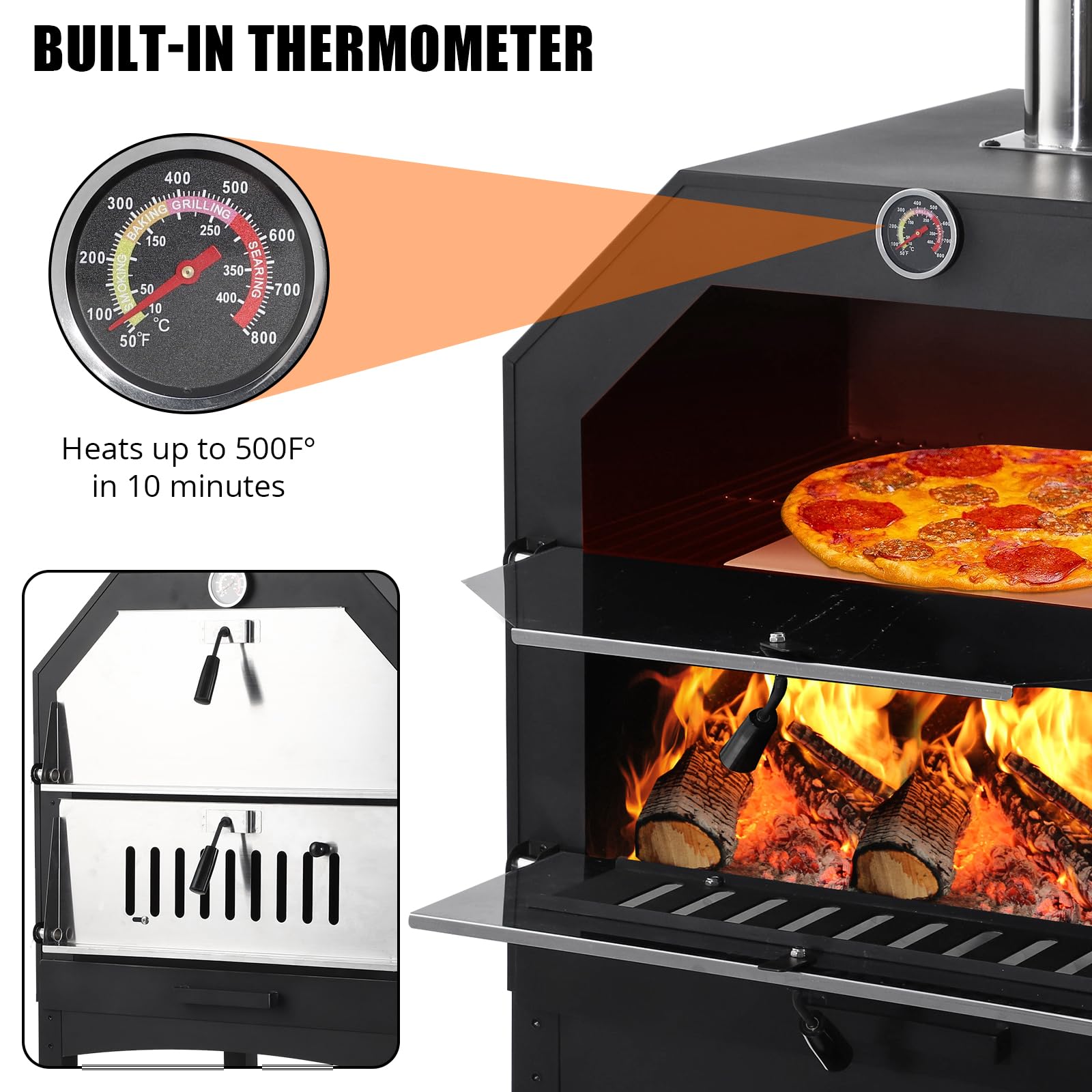 Garvee Outdoor Pizza Oven, Wood-Fired with Wheels, 12" Pizza Stone, Waterproof Cover, Pizza Peel & Accessories for Camping, Backyard BBQ, and Parties