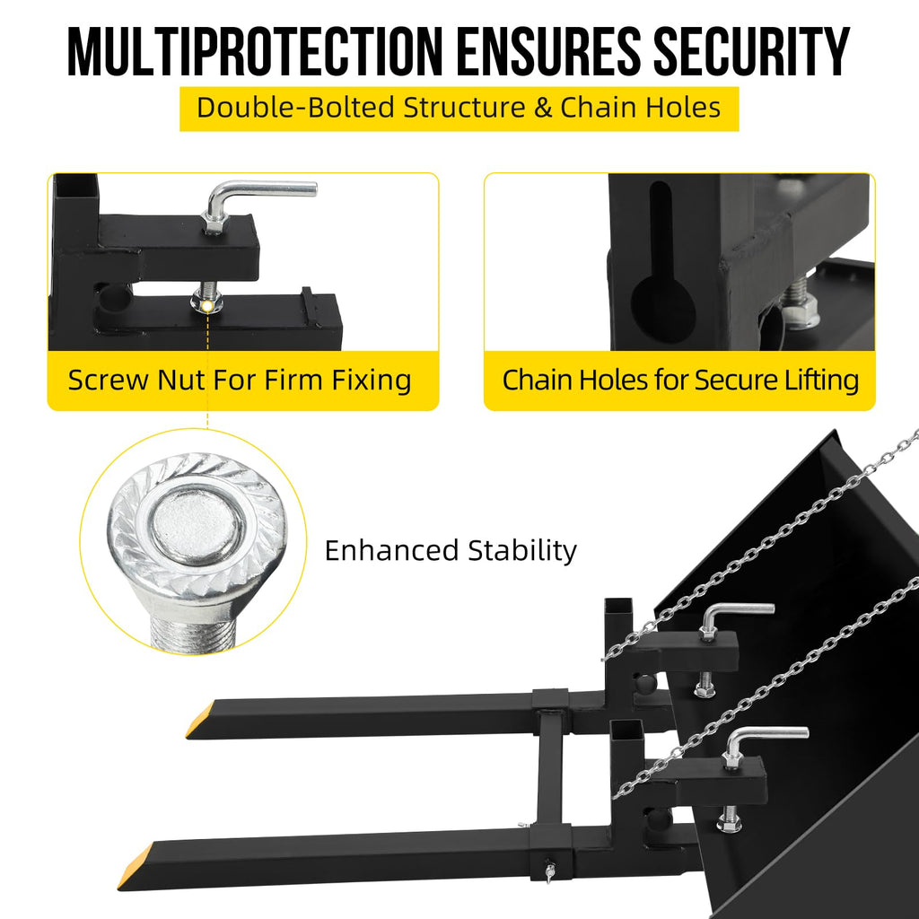 Garvee 43" 2000lbs Clamp on Pallet Forks Heavy Duty Tractor Forks with Adjustable Stabilizer Bar Quick Attach Pallet Fork for Bucket Tractor Loader Skid Steer