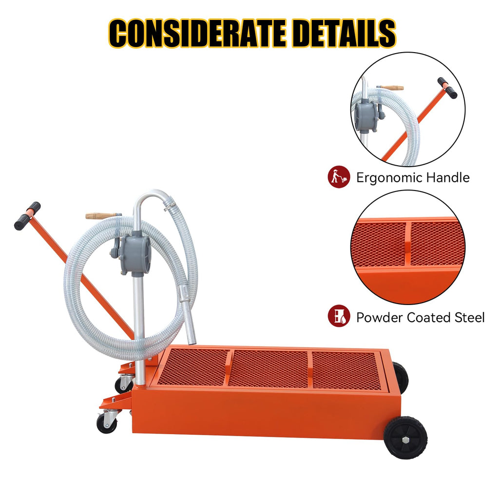 Garvee 20 Gallon Hand Pum Low Profile Portable Oil Drain Pan,with T-Handle,for Car,Suvs with Hose,Casters - Orange