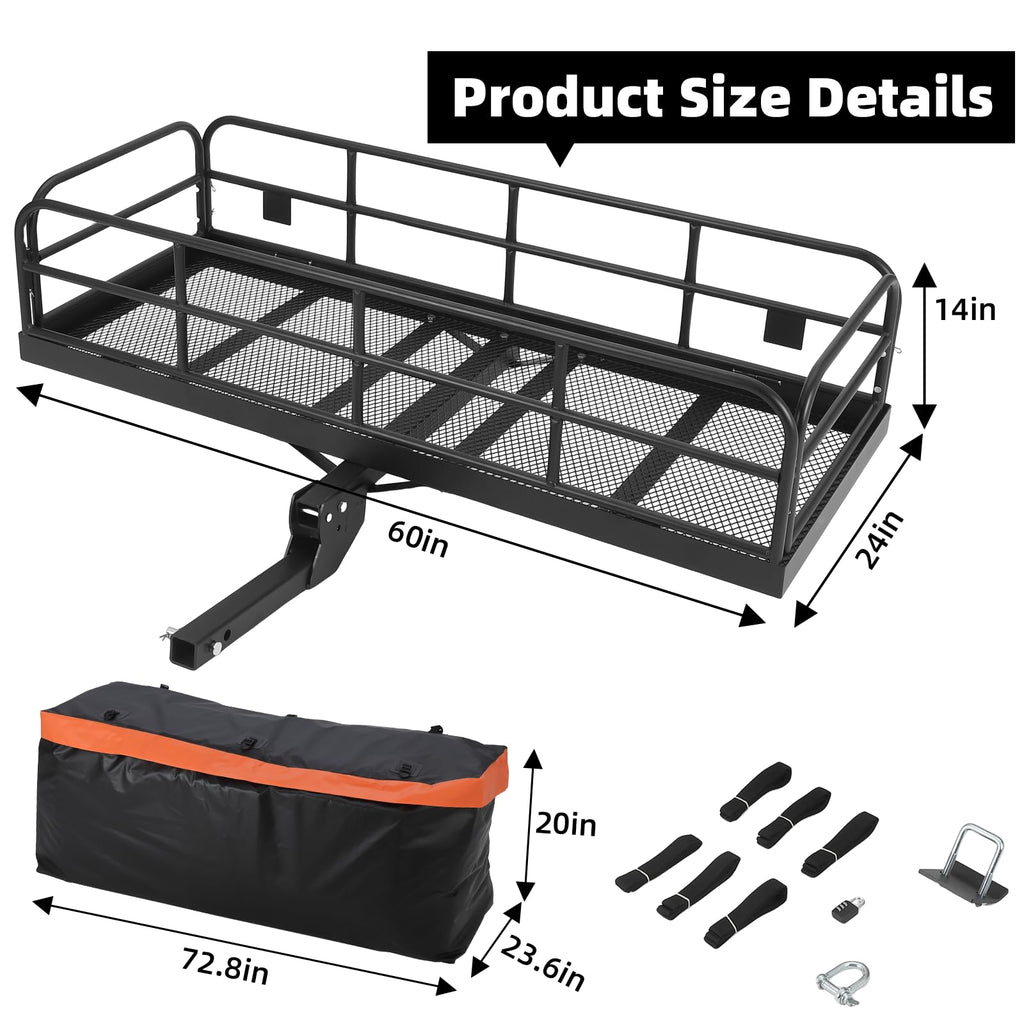Garvee 60"x24"x14" 500 lbs Heavy Duty Foldable Trailer Hitch Cargo Carrier, Steel for SUV, Pickup, Camping & Traveling, Black