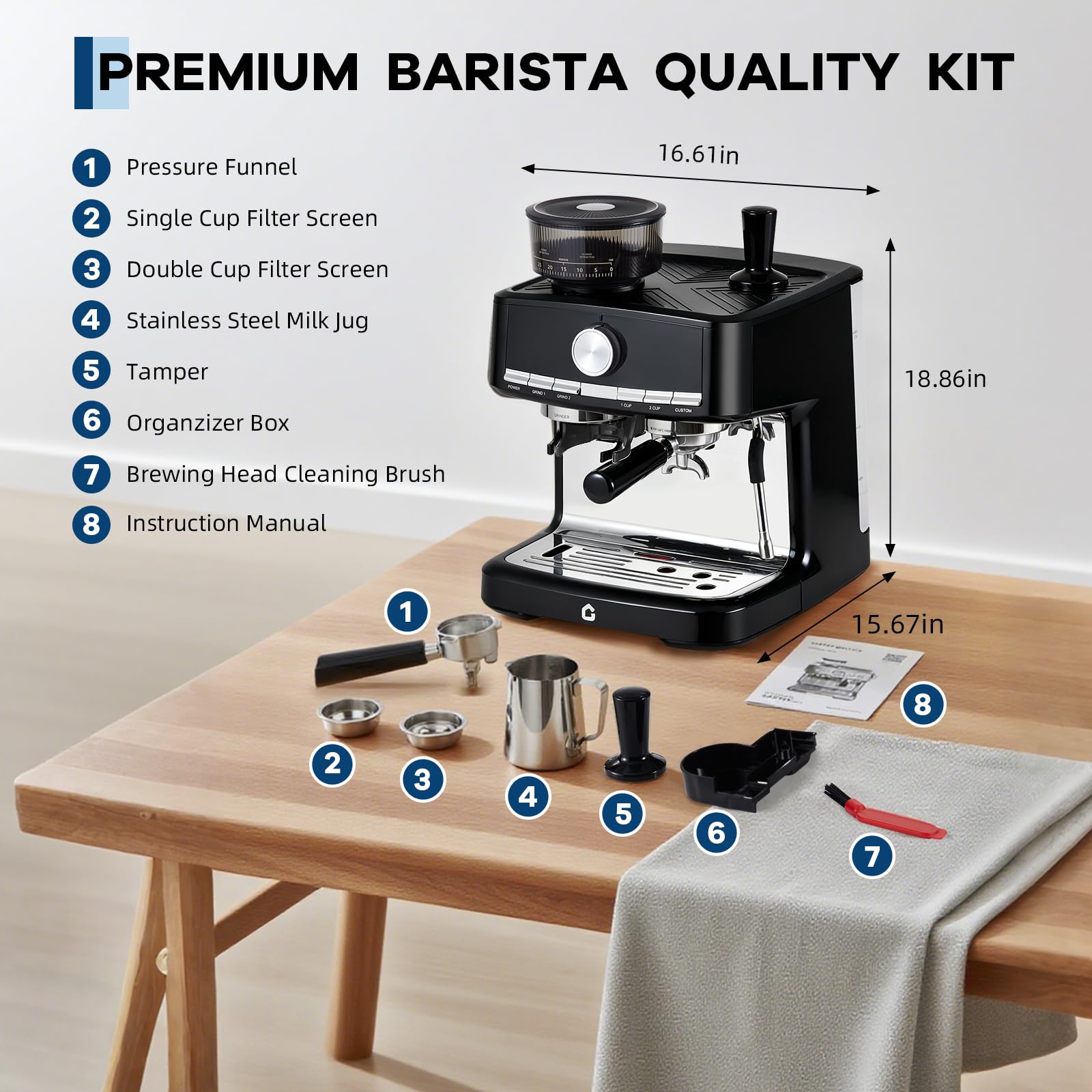 Garvee 20 Bar Pressure Espresso Machine with Grinder, Milk Frother for Home/Office, 1.5L Removable Tank, Adjustable Shot Volume, Silver