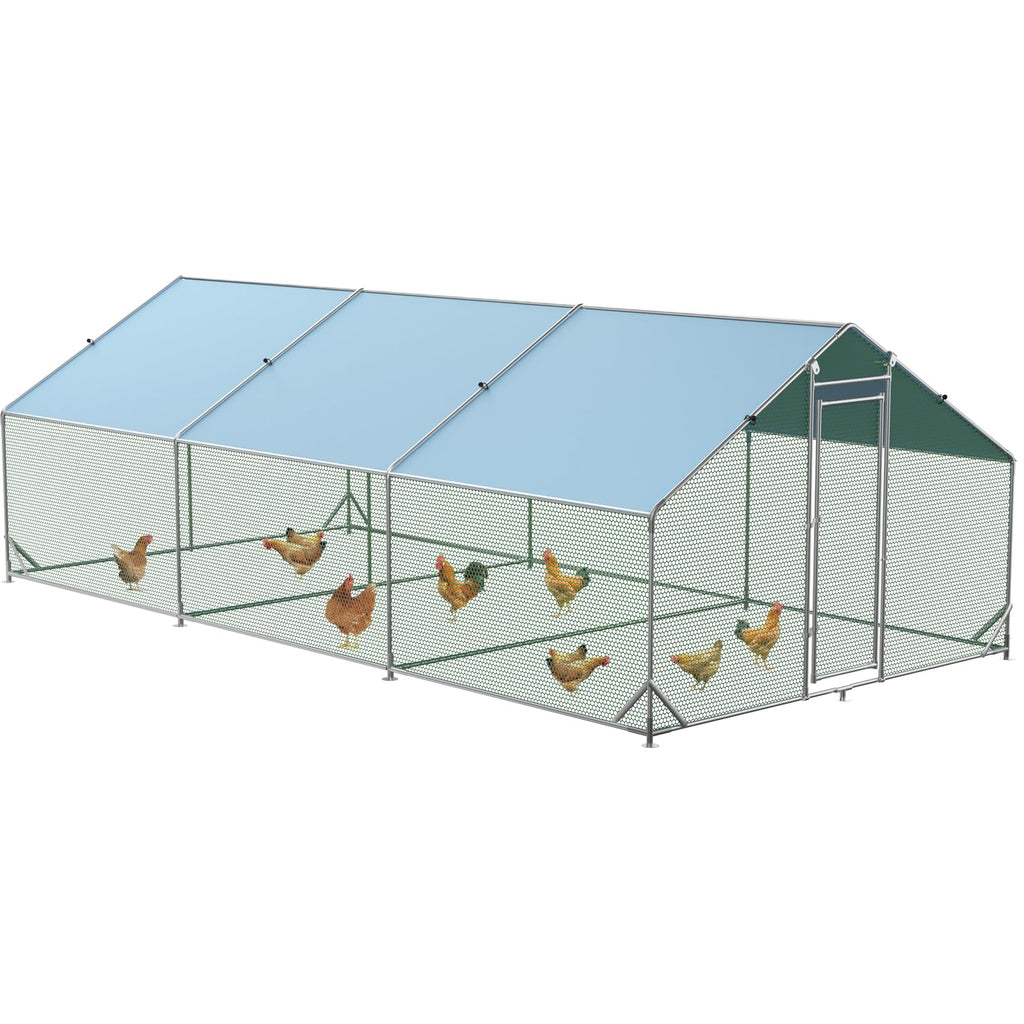 Garvee Chicken Run 9.8'x6.5'x6.4', Large Metal Chicken Coop Heavy Duty Hen House with Waterproof Anti-Uv Cover for Outdoor Chicken Pens with Reforced Tri-Supporting Steel Frame, Silver, Spire Roof