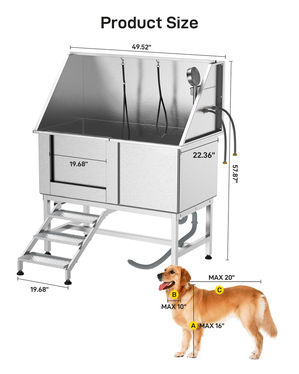 Garvee 50" Dog Grooming Bathtub, Professional Stainless Steel Pet Dog Bathing Station for Large Pets, Left Door & Stairs with Faucet, Sprayer, Drain