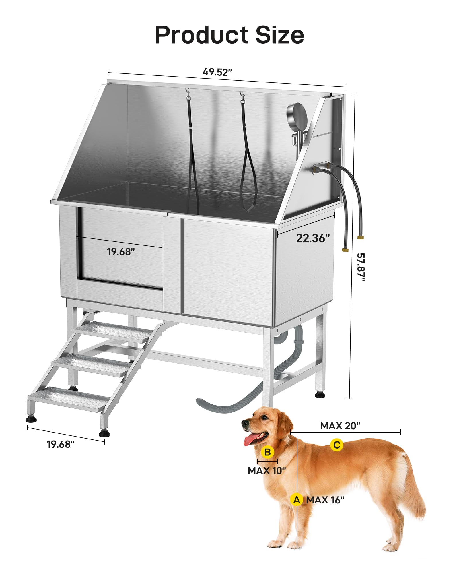Garvee 50" Dog Grooming Bathtub, Professional Stainless Steel Pet Dog Bathing Station for Large Pets, Left Door & Stairs with Faucet, Sprayer, Drain