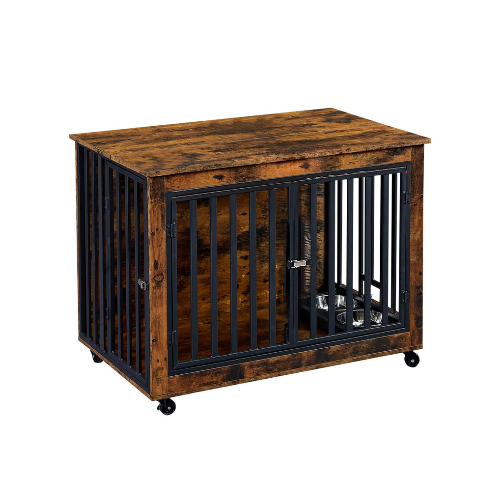 Garvee Dog Crate Furniture Decorative Wooden Dog Kennel End Table With Chew-Proof Metal Barrier And Dog Bowls For Small Medium Large Dogs Brown