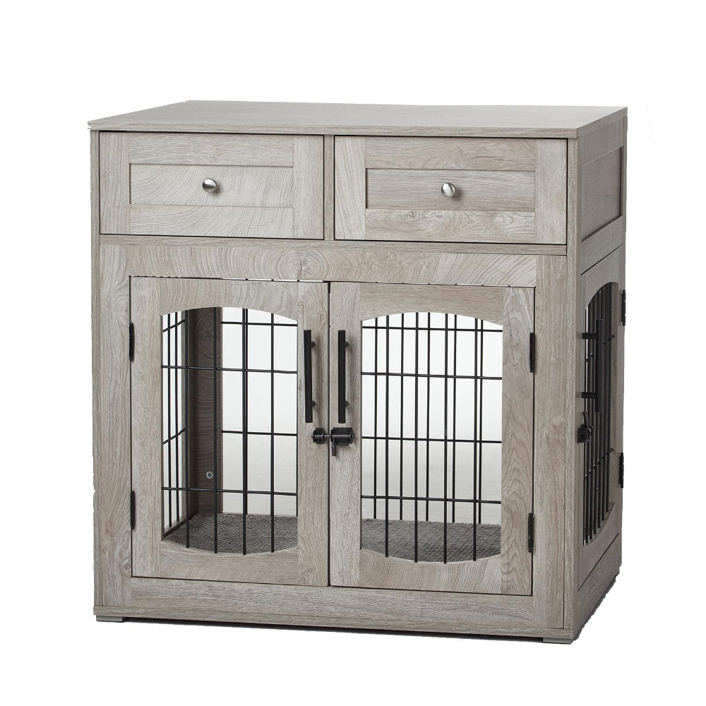 Dog Crate Furniture with 3 Doors, 39.4'' Large 2 Drawer & Cushion, Wooden House Kennel for Medium/Large Dog, Dog Table Up to 130 lbs, Indoor End House, Grey