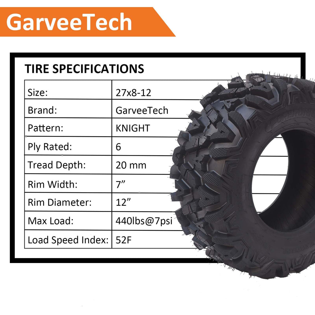 Garvee Set of 2 UTV/ATV Tires 27x8-12 6PR Tubeless All-Terrain Tire Heavy Duty Puncture Resistant Off-Road Rock Sand Street Use, Black