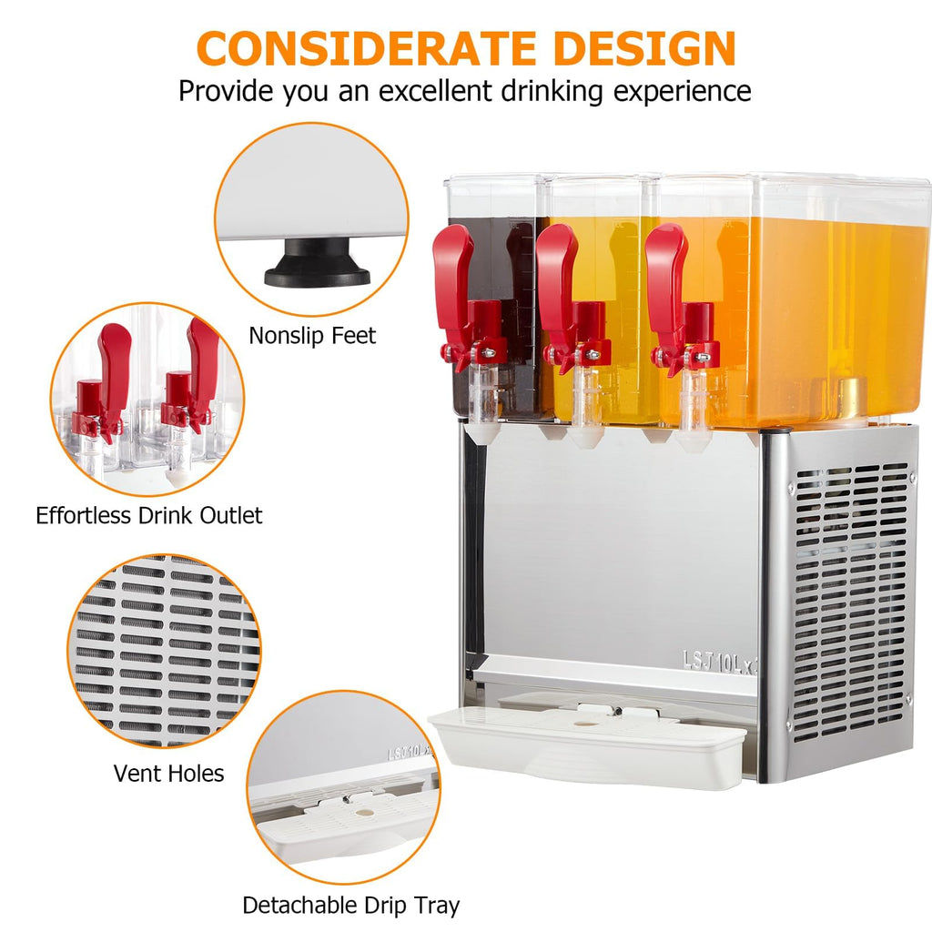 GARVEE 30L (7.93 Gallon) Commercial Juice Dispenser, 3 Tanks 320W, Stainless Steel Beverage Dispenser for Tea, Drink