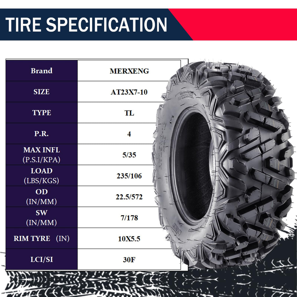 Garvee 23x7-10 ATV Tire 4PR TL, All Terrain Tire for 10x5.5 Rim, 22.5" OD 7" Sidewall, Max Load 235lbs, Fits LCI/SI 30F, Durable Off-Road Quad UTV Tire, Black