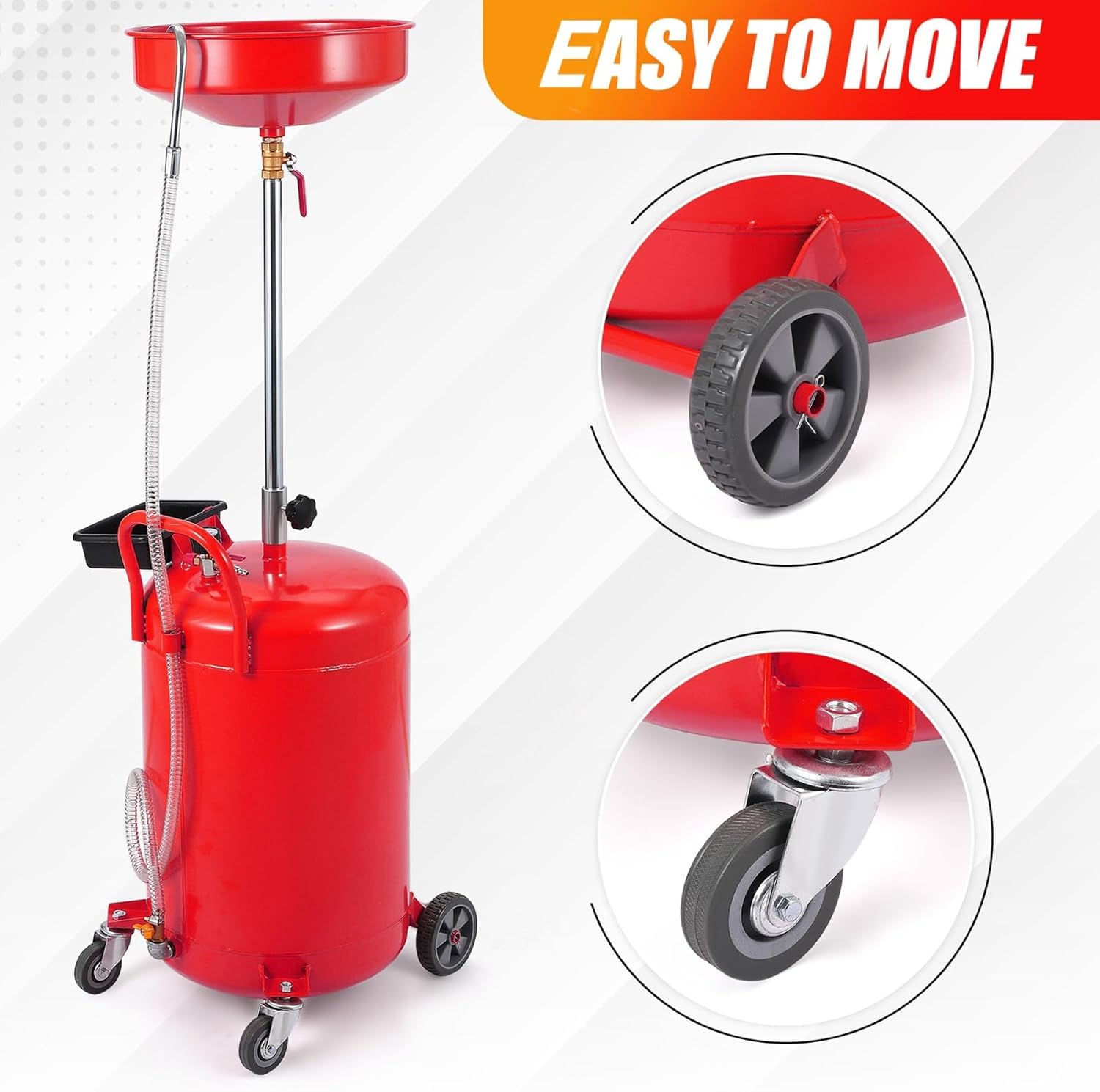Garvee 20 Gallon Oil Drain Tank with Adjustable Funnel, Portable Air-Operated Container, Rust-Proof, Wheels & Toolbox, Red