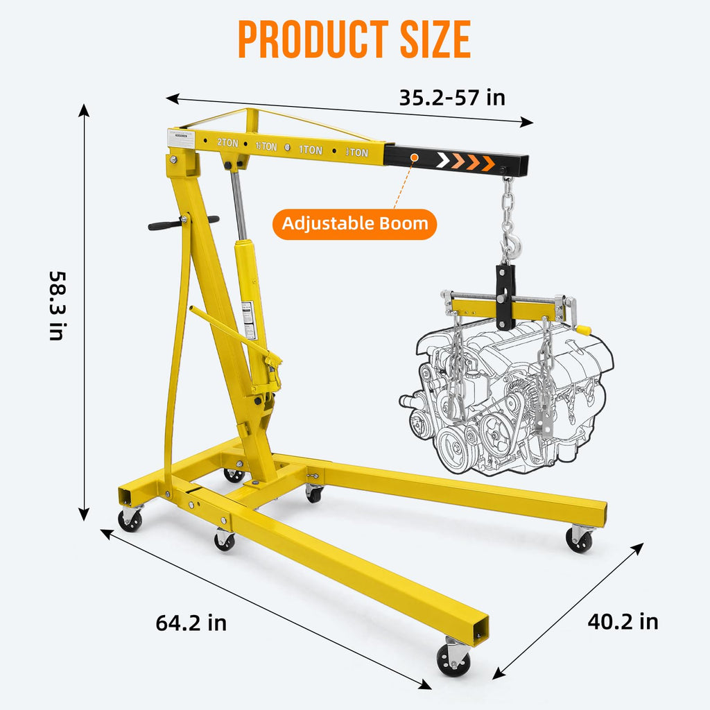 Garvee Engine Hoist with Lever, 2 Ton 4000 Lbs Heavy Duty Folding Cherry Picker Engine Lift Hydraulic Tilting Engine Shop Crane with 6 Iron Caster Wheels Telescopic Boom Hitch,Yellow