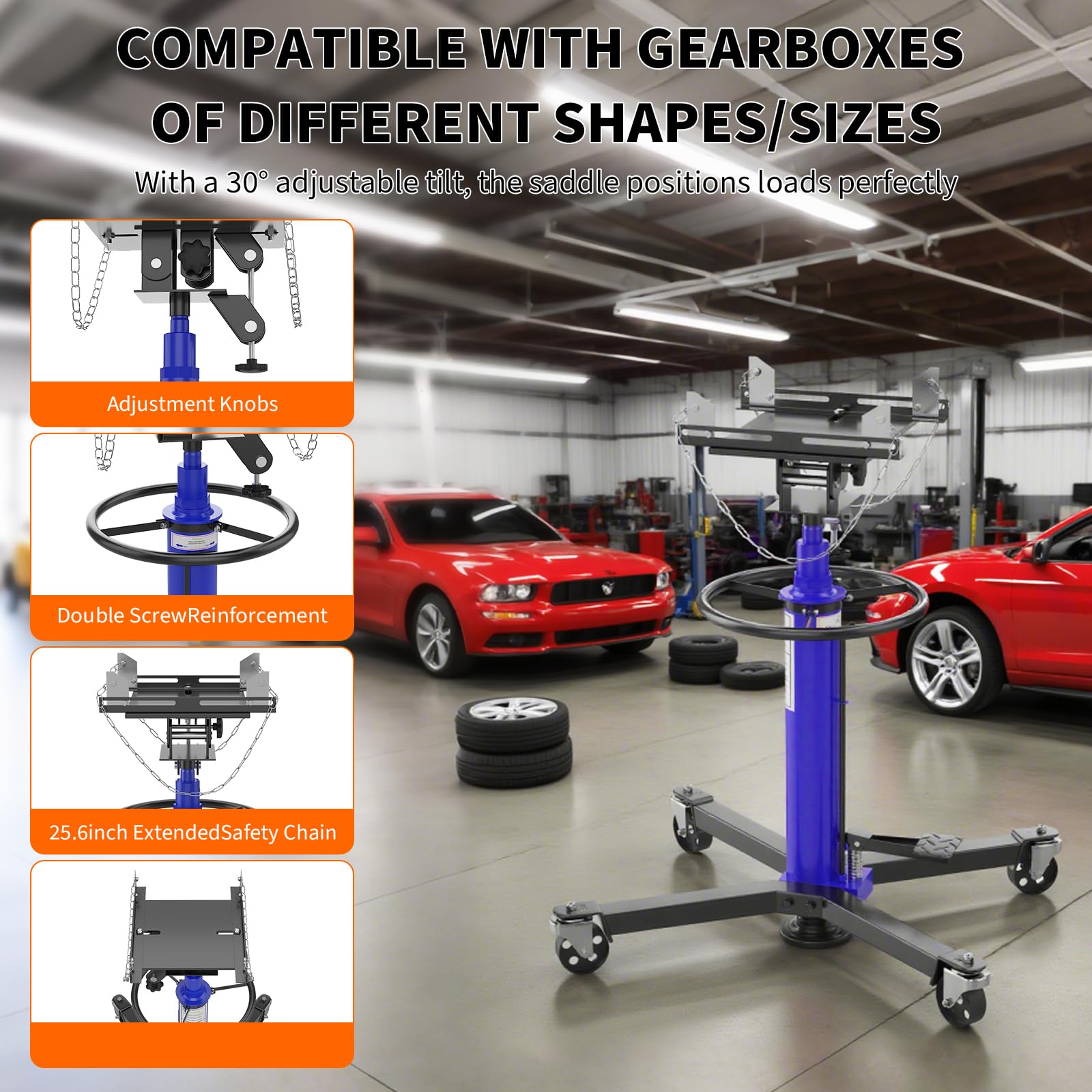 Garvee 1320lbs Transmission Jack Lift - 2-Stage Heavy-Duty High Lift Transmission Stand with Dual Spring-Loaded Pedals, 34"-68" Lifting Range, Blue