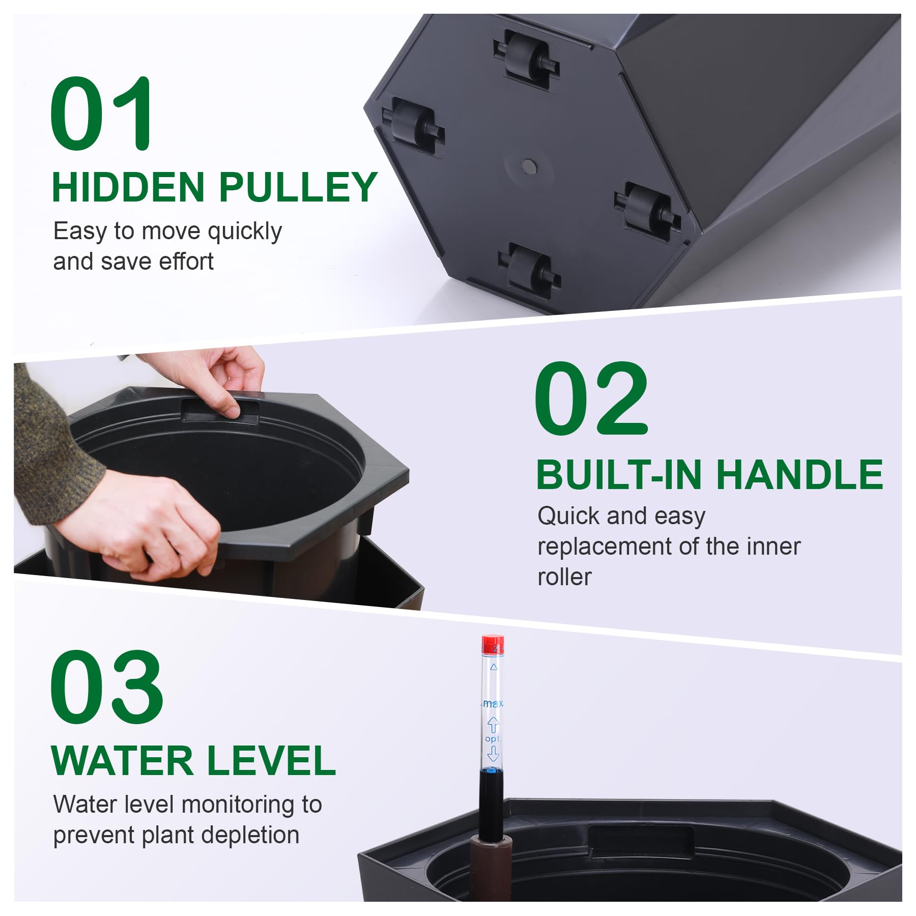 Garvee 23" Tall Planters Set of 2, Outdoor＆Indoor Planter Pots, High Front Porch Planter Pots with Drainage Holes＆Water Level Monitor＆Inner Bucket, Automatic Watering, Convenience Instill, Black