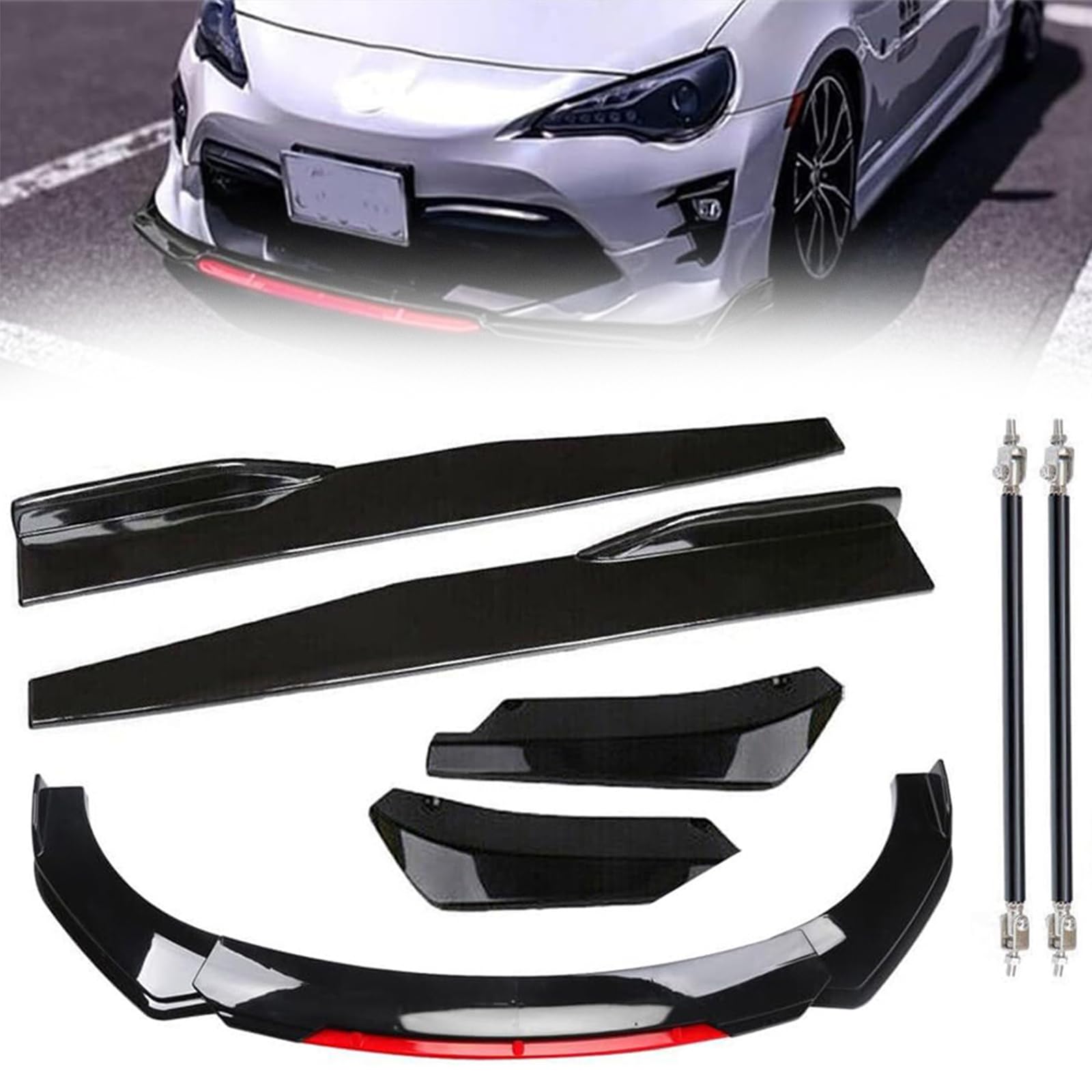 Garvee Front Bumper Lip Spoiler and Side Skirt Extensions - Fits 1.9M/6.2FT Wide Cars, Sturdy ABS Air Dam Front Bumper Lip Body Kit for Sedans, Automotive Vehicles, Glossy Black with Red Trim