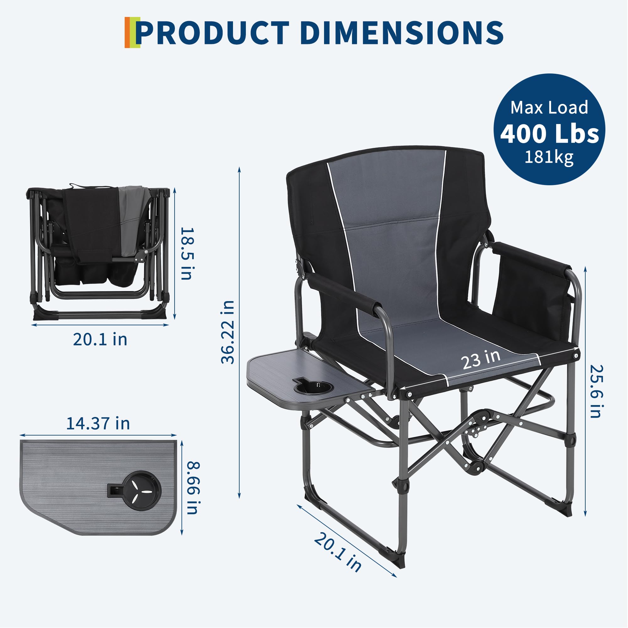 Garvee Camping Chair with Side Table & Storage, Portable Folding Chair for Lawn, Fishing, Sports Events, 400 LB Capacity