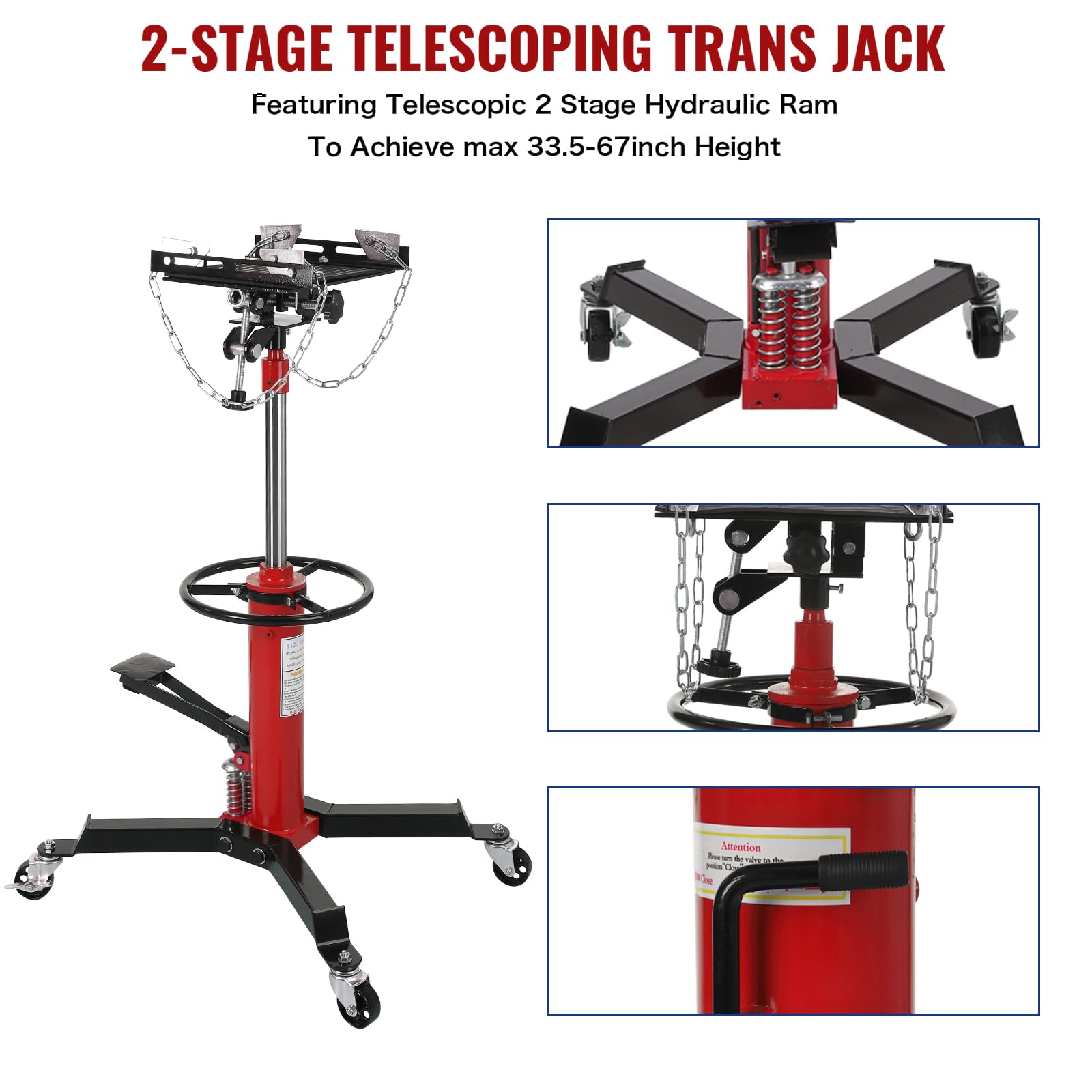 Garvee Transmission Jack, (1/2 Ton) 1100 lbs Capacity 2 Stage Adjustable Hydraulic Telescopic Transmission Jack with Foot Pedal, 33.5"-69" High Lift and 360° Swivel Wheel, Garage/Shop Lift Hoist, Red