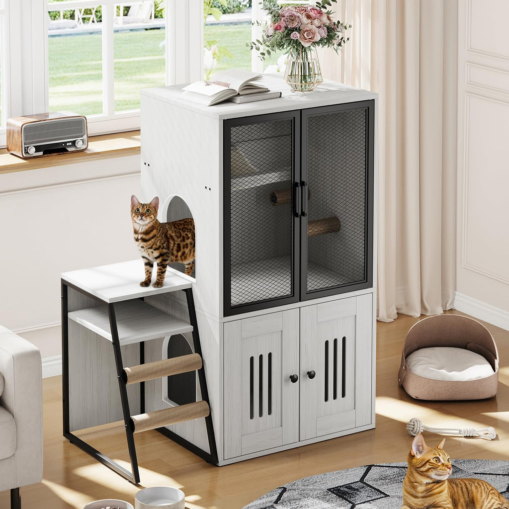 Garvee Cat Litter Box Enclosure With Doors Double Cat House Storage Space Ladder Retro White 22.6"L x 17.7"W x 10.9"H