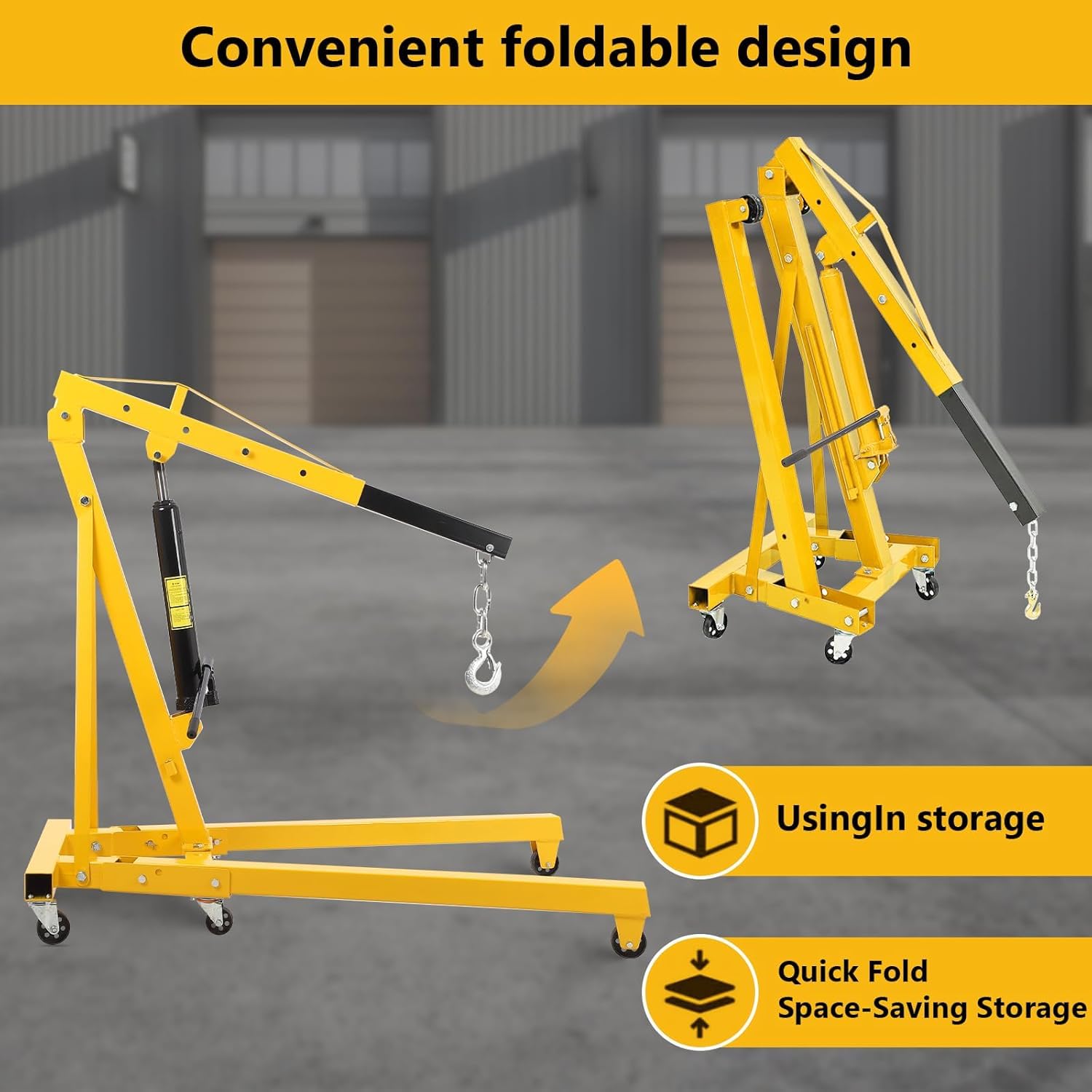 Garvee 2 Ton Engine Hoist Hydraulic Foldable Crane Mobile Cherry Picker for Garage Workshops Auto Repair Yellow