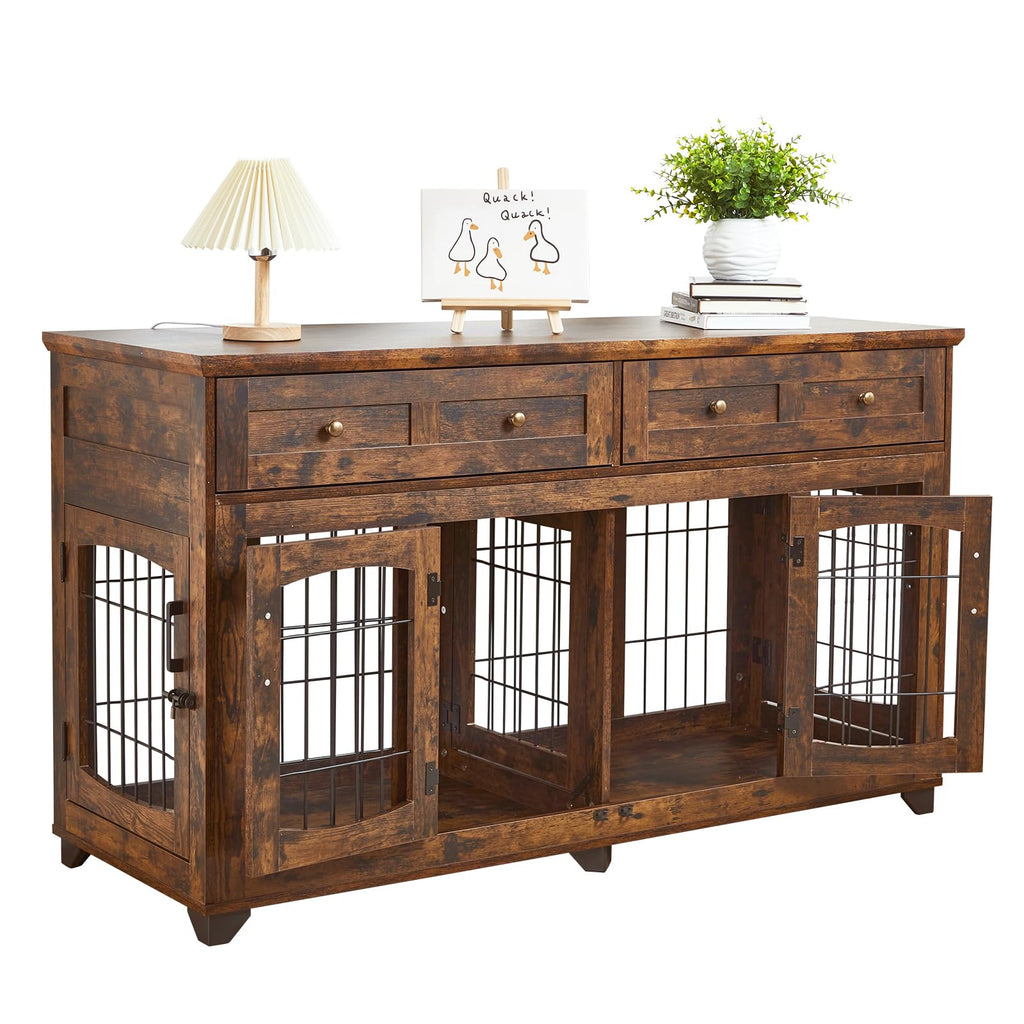 Garvee Dog Crate Furniture with 5 Doors, 58" Wooden Dog Kennel Cage End Table with Large Capacity Drawers, Dog House with Openable Divider for Dogs(Brown)