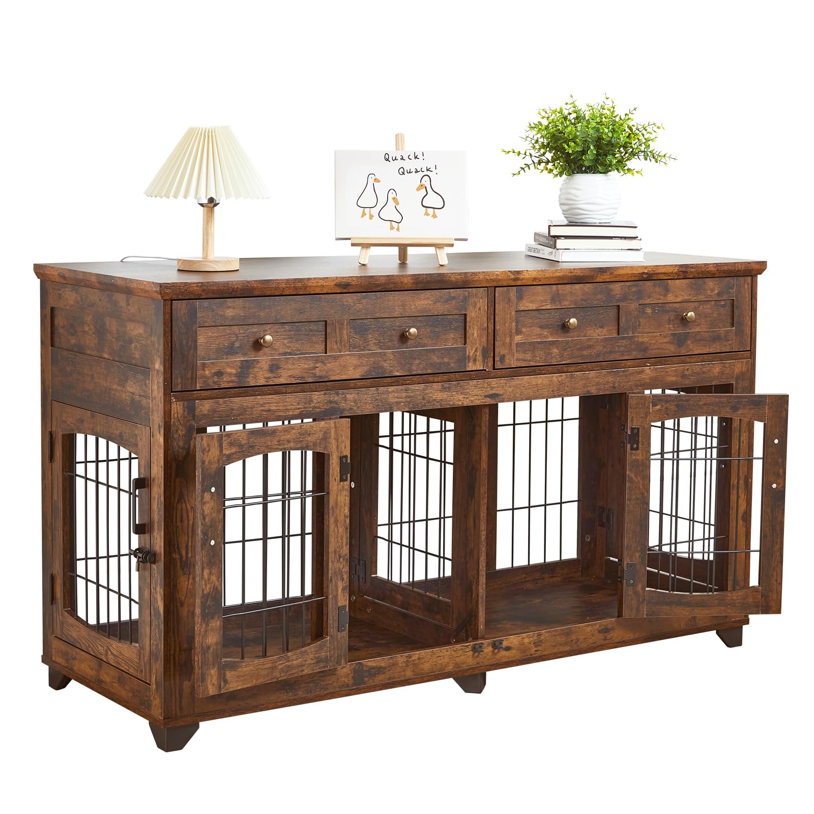 Garvee Dog Crate Furniture with 5 Doors, 58" Wooden Dog Kennel Cage End Table with Large Capacity Drawers, Dog House with Openable Divider for Dogs(Brown)