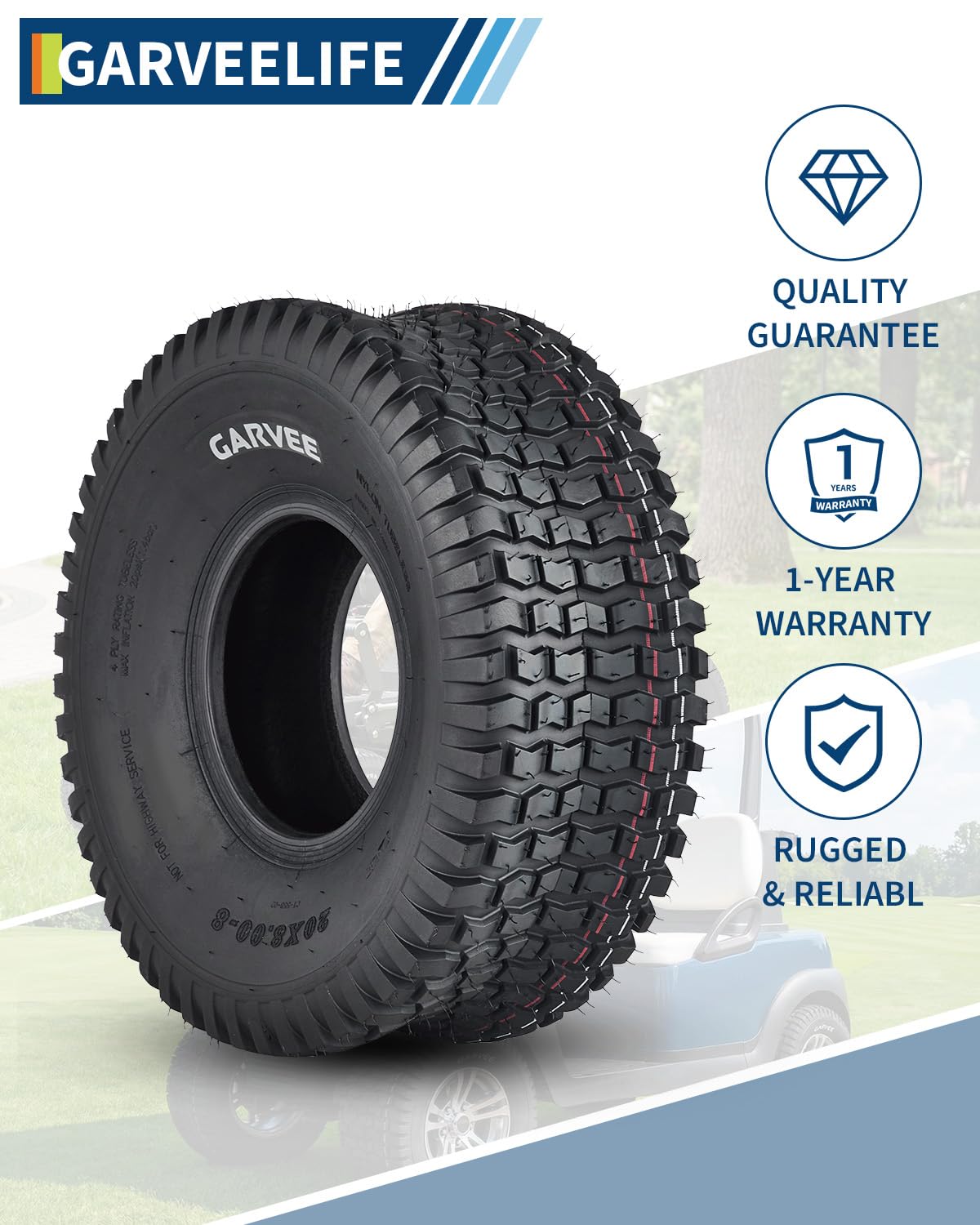 Garvee 2 Pack 20x8.00-8 Lawn Mower Tire V Pattern Tubeless for Lawn & Garden Riding Mower Tractor Golf Cart Utility Vehicles 20x8-8 Black