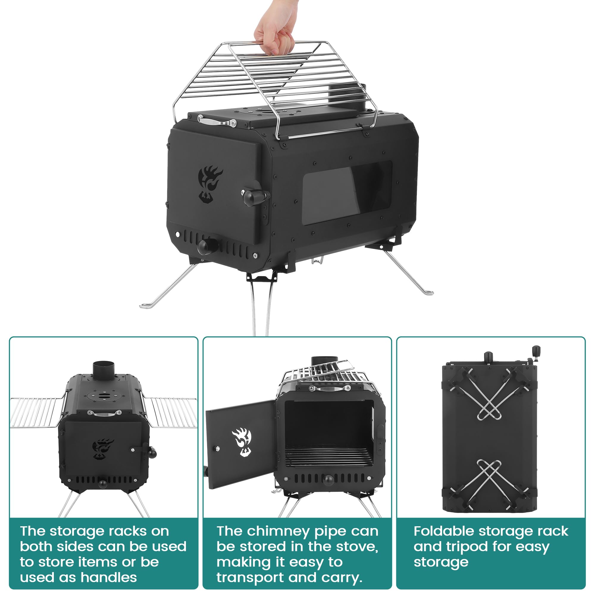 Garvee Outdoor Portable Wood Burning Stove for Camping - Cast Iron Tent Stove with View Glass & Chimney Pipes, Ideal for Ice Fishing, Cookout & Travel