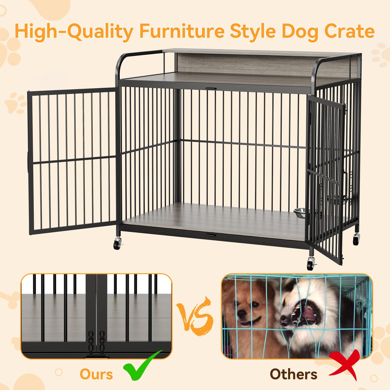 Garvee 48" Dog Kennel Furniture for Large Dogs,Large Dog Crate, Wooden Heavy Duty, Dog Crate Indoor with Adjustable Height Bowls, 48" L X 29.9" W X 44.3" H,Grey