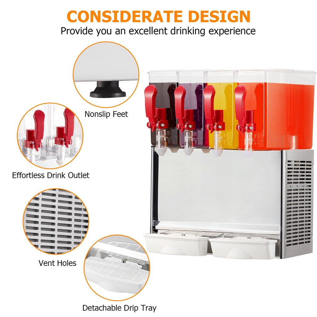 GARVEE 40L (10.56 Gallon) Commercial Juice Dispenser, 4 Tanks 380W, Stainless Steel Beverage Dispenser for Tea, Drink