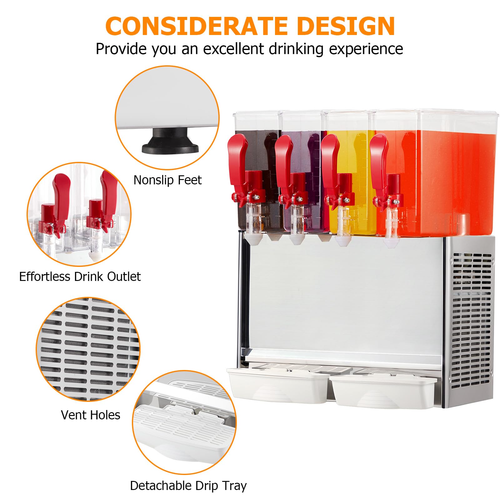 GARVEE 40L (10.56 Gallon) Commercial Juice Dispenser, 4 Tanks 380W, Stainless Steel Beverage Dispenser for Tea, Drink