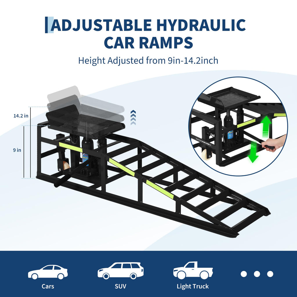 Garvee 2-Pack Hydraulic Car Ramps with Wheels and Reflective Stickers, 5-Ton (11023 lbs) Capacity Ramps with Jacks for Home Garage Auto Repairs and Oil Changes, Blue