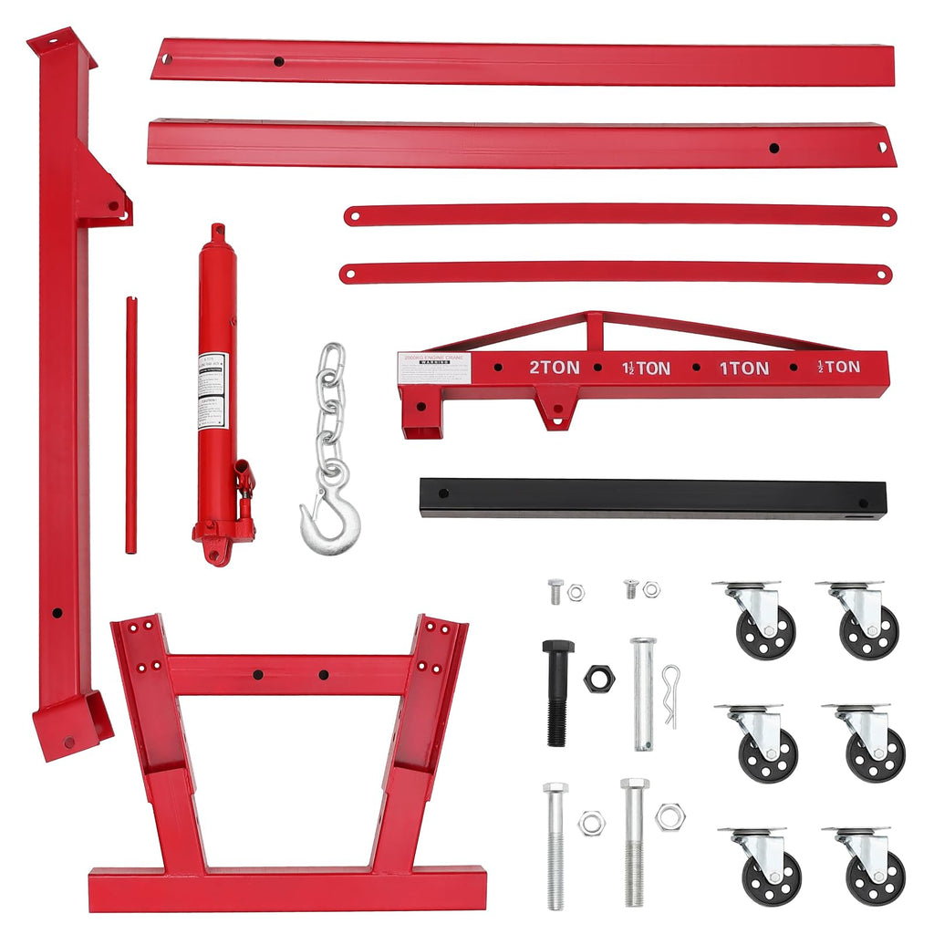 Garvee 2-Ton Folding Engine Hoist - Cherry Picker Hydraulic Shop Crane with 4400 lbs Capacity, Red