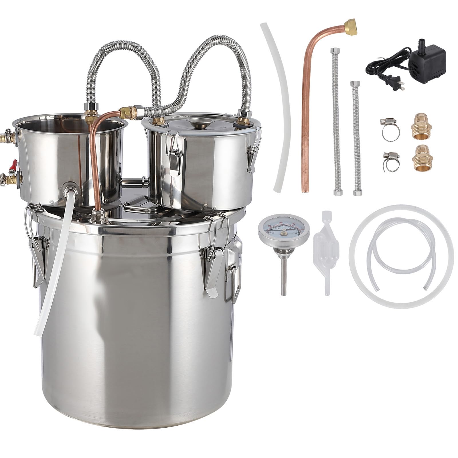Garvee 3Gal Double Chilled Alcohol Still - Stainless Steel Home Still Kit with Copper Tubing & Built-in Thermometer, 3 Pot Multi-Purpose Distilling Kit for DIY Whiskey Brandy