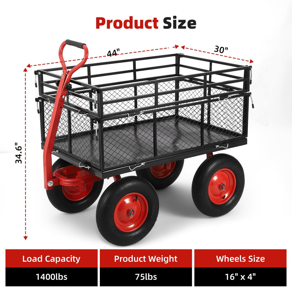 Garvee 1400lbs Steel Garden Cart - Heavy Duty Yard & Garden Wagon with Removable Mesh Sides, 2-in-1 Rotating Handle & 16" All-Terrain Wheels for Farm & Yard