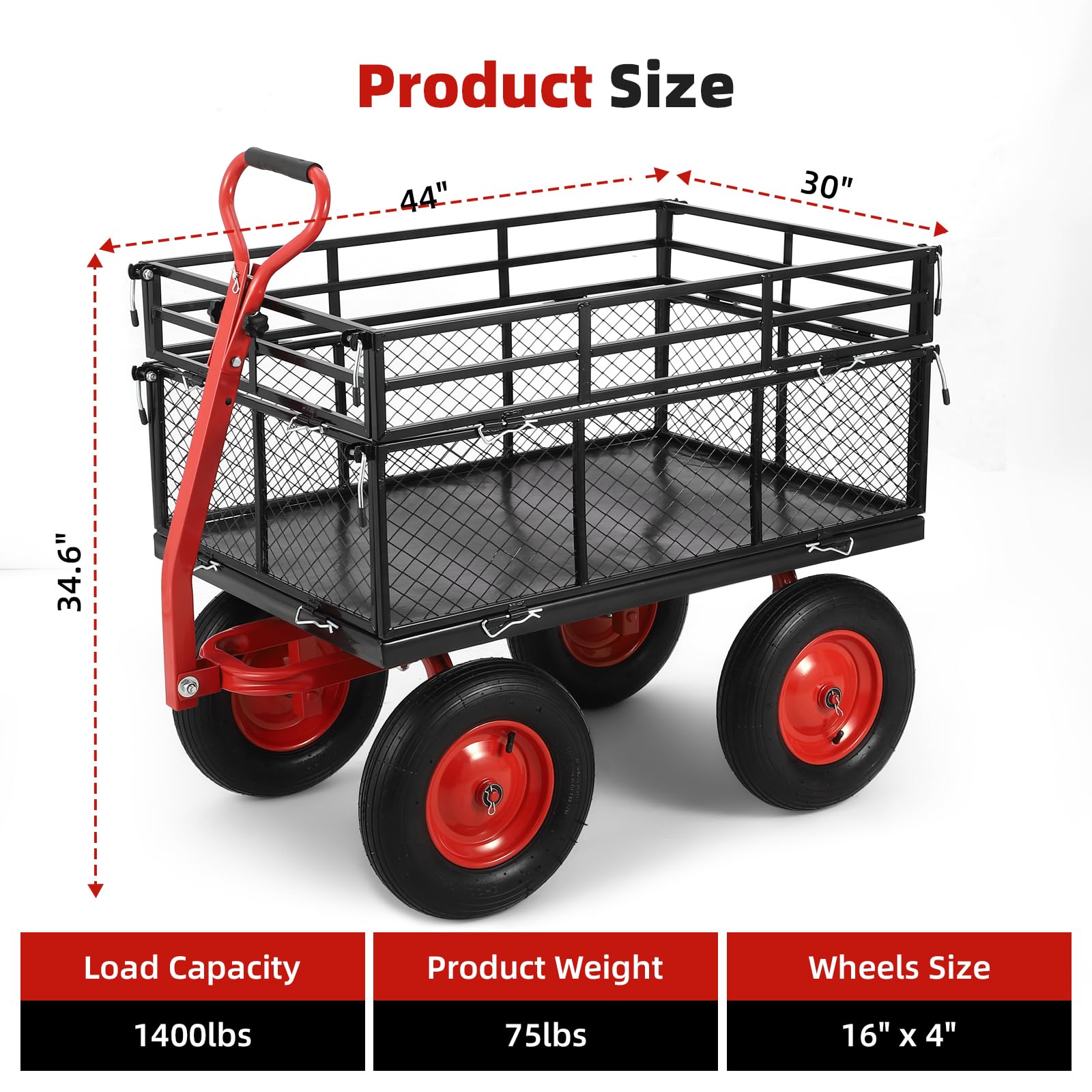 Garvee 1400lbs Steel Garden Cart - Heavy Duty Yard & Garden Wagon with Removable Mesh Sides, 2-in-1 Rotating Handle & 16" All-Terrain Wheels for Farm & Yard