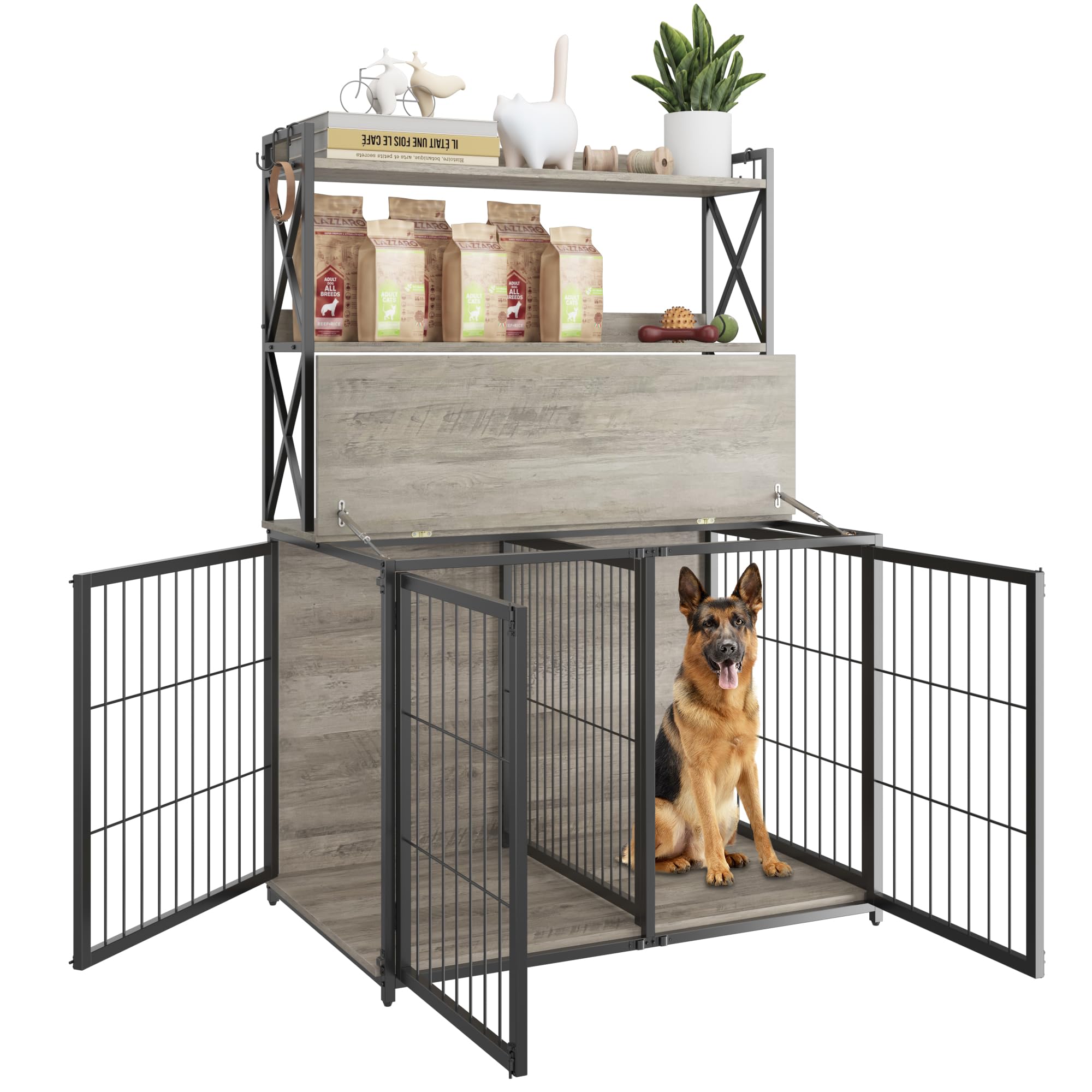 Garvee Wooden Dog Crate Furniture End Table with Flip Top and Movable Divider, 42.5 Inch Dog Cage with Storage Shelves, Large Dog Kennel Indoor Furniture with 3 Doors, Grey