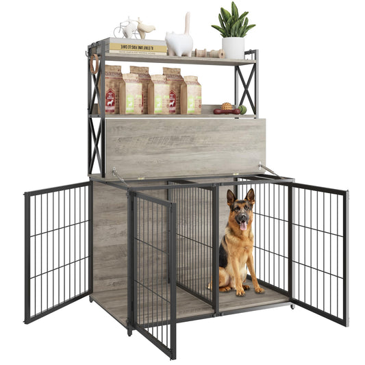 Garvee Wooden Dog Crate Furniture End Table with Flip Top and Movable Divider, 42.5 Inch Dog Cage with Storage Shelves, Large Dog Kennel Indoor Furniture with 3 Doors, Grey