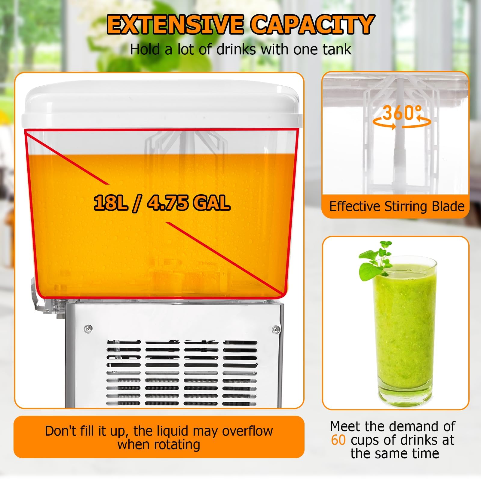 GARVEE 18L (4.8 Gallon) Commercial Juice Dispenser, 1 Tank 180W, Stainless Steel Beverage Dispenser for Lemonade, Party, Restaurant
