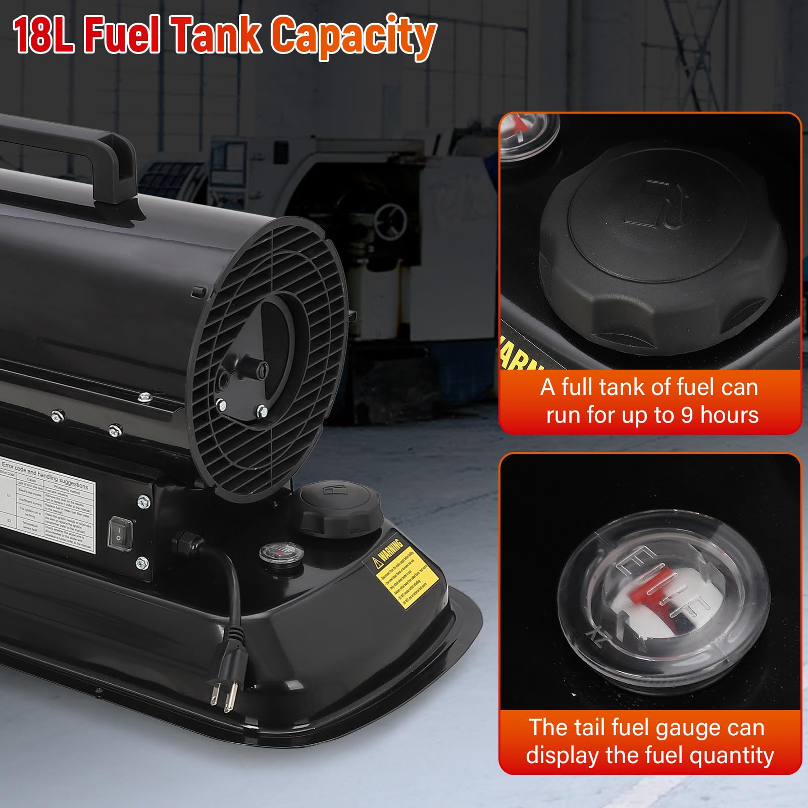 Garvee Diesel and Kerosene Space Heater, 80000 BTU, Portable Forced Air Heater with Thermostat, 18L Fuel Tank, for Outdoor, Indoor, Workshop, Black