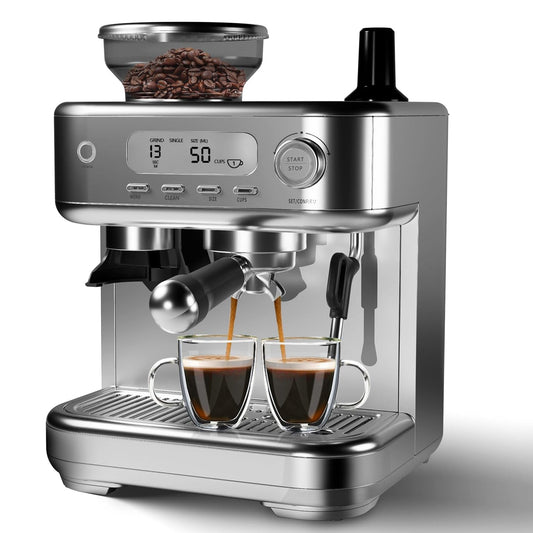GARVEE 15-Bar All-in-One Espresso Machine with Built-In Grinder - Professional Coffee and Espresso Maker for Cappuccino and Latte, Semi-Automatic with 77 Oz Removable Water Tank, Silver