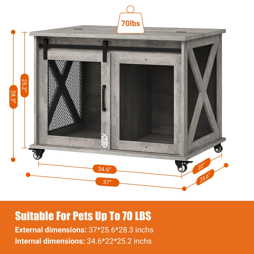 Garvee Dog Crate Furniture with Sliding Barn Door, Flip Top Furniture Style Dog Crate End Table with Wheels, Indoor Dog Kennel House with Removable Divider, Gray