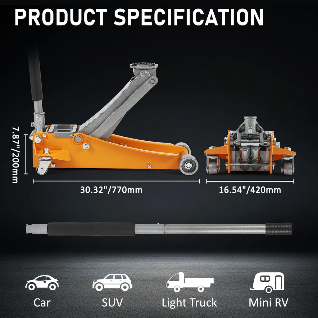Garvee 2.5, Heavy-Duty Steel Racing Floor with Dual Pistons Quick Pump for Cars, Trucks, Suvs, 3.64"-19.49"
