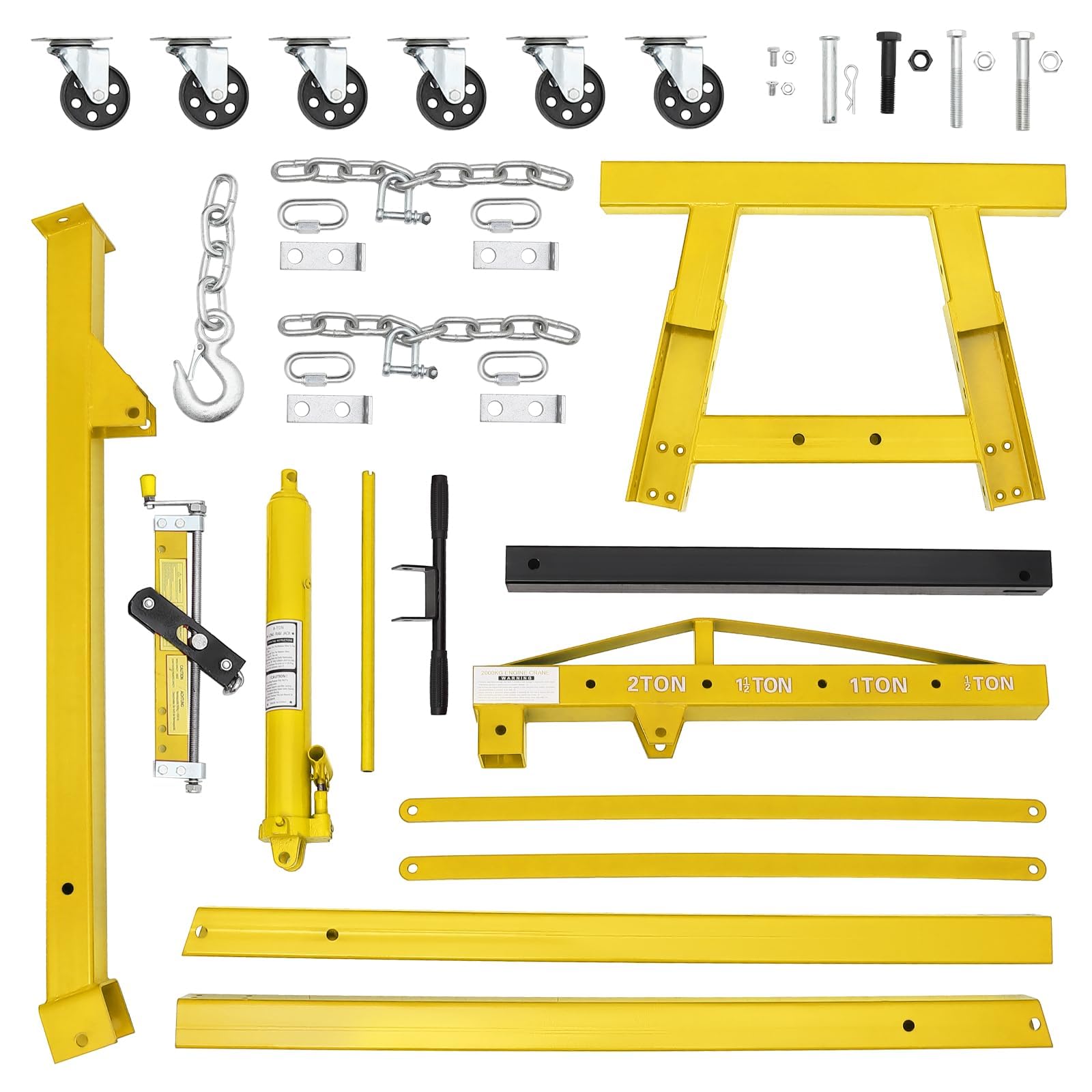 Garvee 2-Ton Folding Hydraulic Engine Hoist - 4000 lbs Cherry Picker Engine Lift with Lever, Telescopic Boom, Hydraulic Tilting, 6 Iron Caster Wheels, and Hitch, Yellow