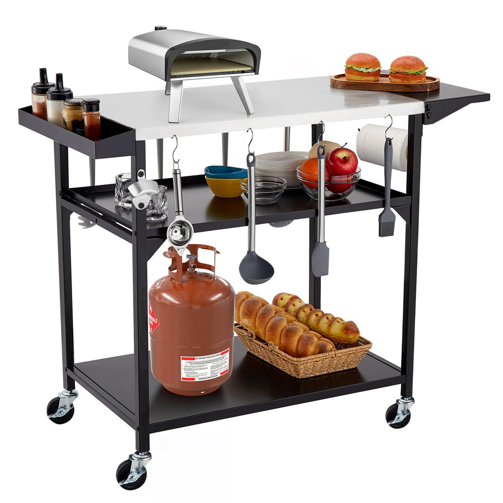 Garvee Outdoor Grill Table Cart with 4 Wheels + Stainless Steel + Movable Prep Table + Multifunctional + Metal Work Table + Side Table + Storage Rack + BBQ, Pizza Oven, Kitchen