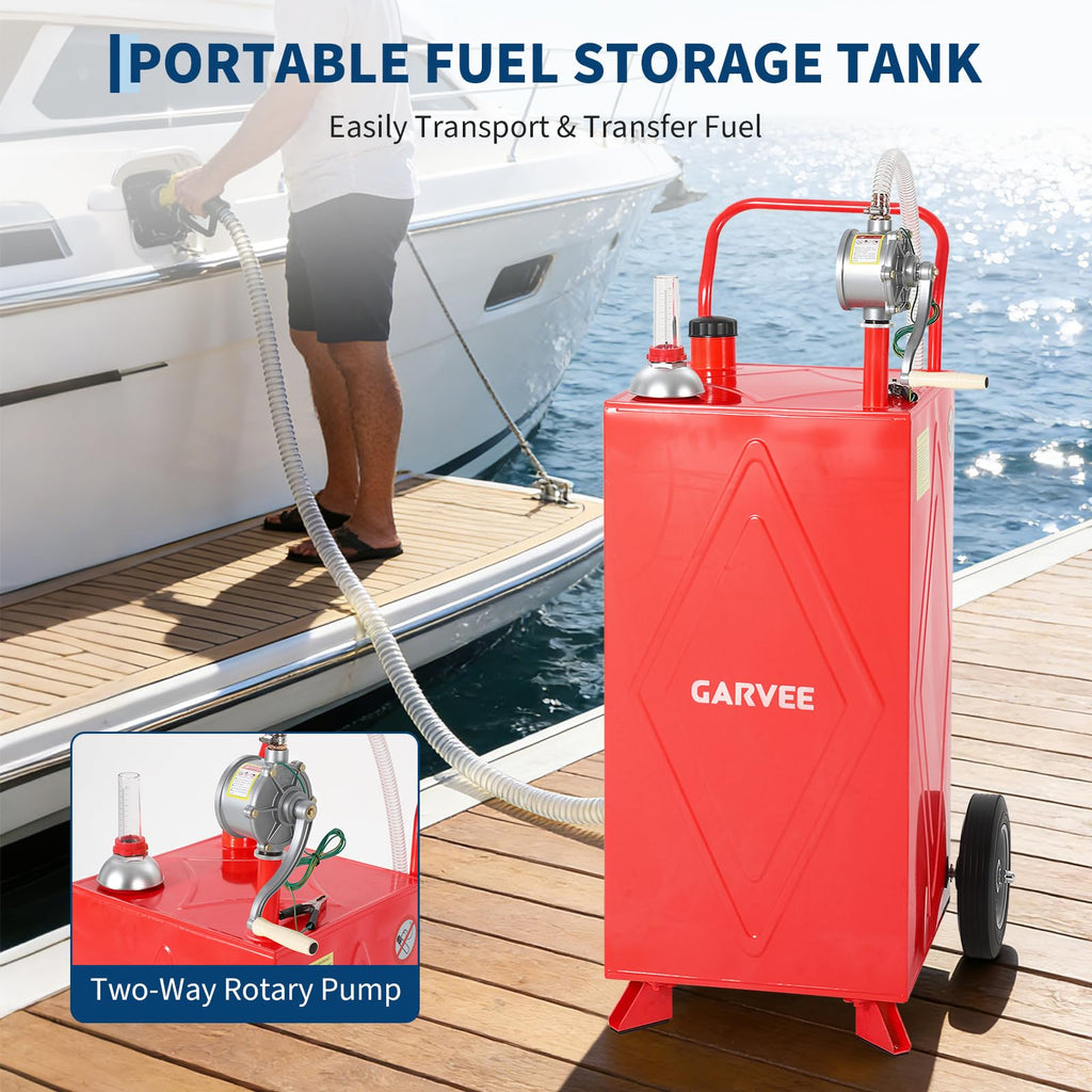 Garvee 30 Gallon Fuel Gas Caddy, Portable Storage Tank with Wheels and Manual Hand Pump for Gasoline and Diesel Transfer, Suitable for ATV, Car, Mower, Tractor, and Boat, Red